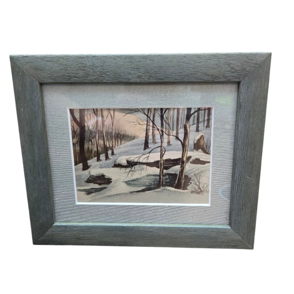 Framed & Matted Winter Forest Landscape Art Print Rustic Wood Frame 8" x 6"‎